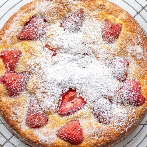 Strawberry Cake topped with powdered sugar