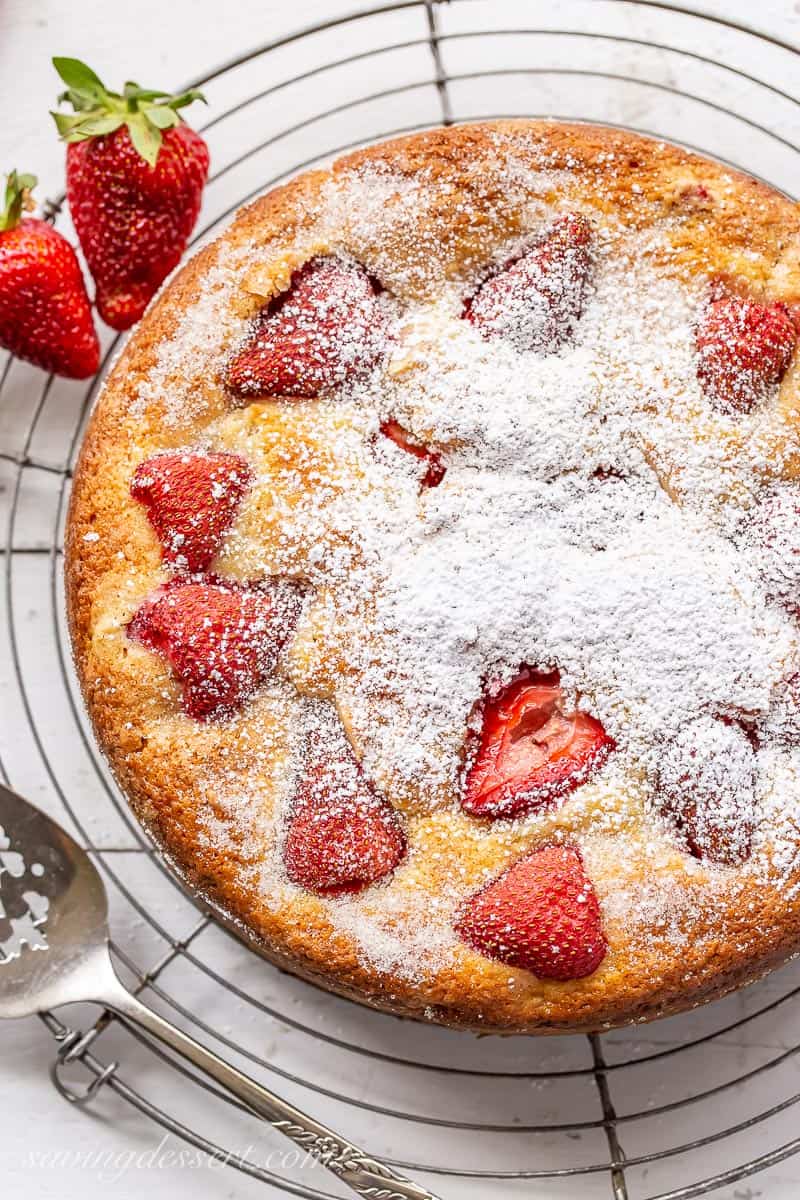 Overhead view of Strawberry Breakfast Cake on a wire rack