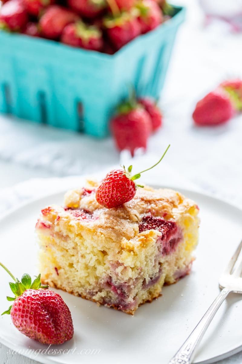 Strawberry Breakfast Cake made amongst fresh juicy strawberries tucked into a moist sour crea Strawberry Breakfast Cake