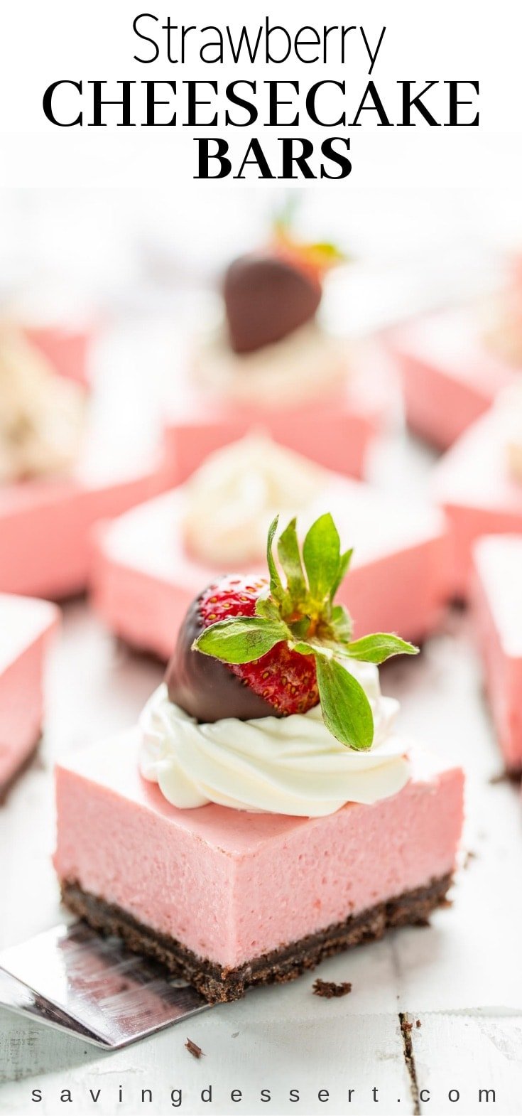 A pink strawberry cheesecake bar with a chocolate crust sitting on a spatula. Topped with whipped cream and a chocolate covered strawberry