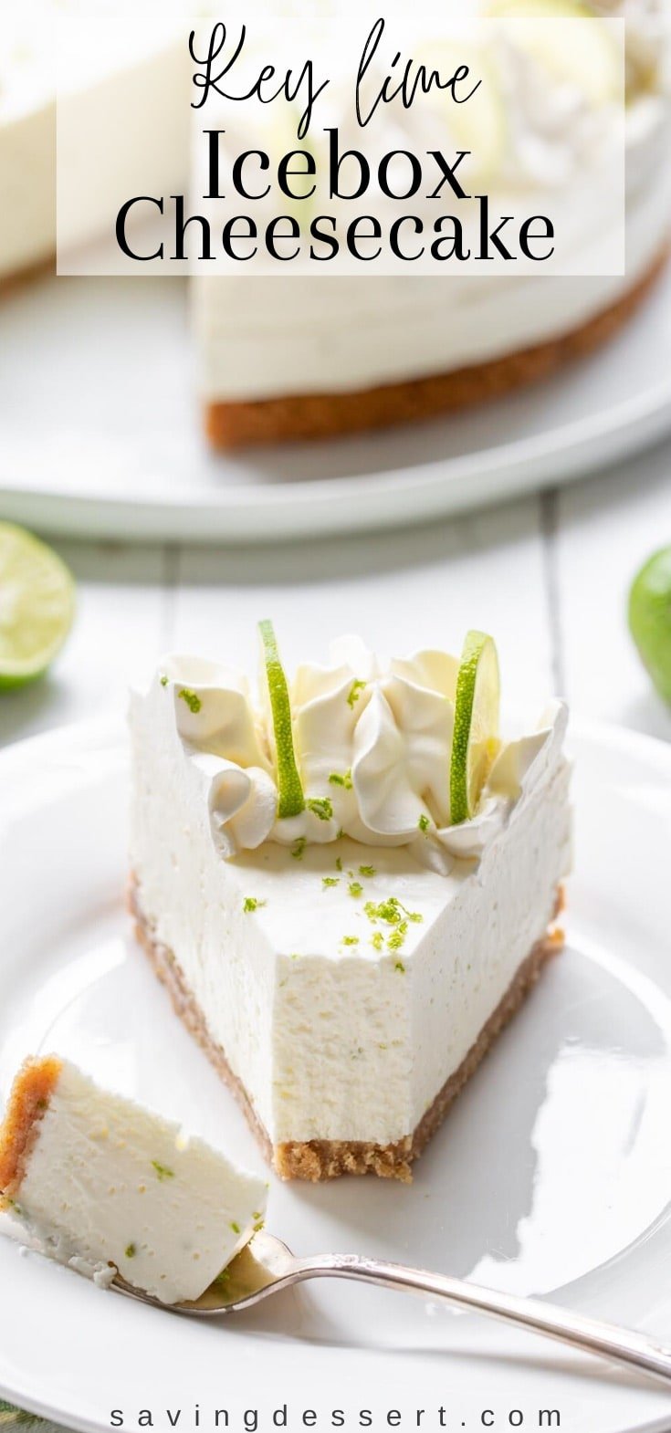 A slice of key lime icebox cheesecake on a graham cracker crust topped with whipped cream and lime slices