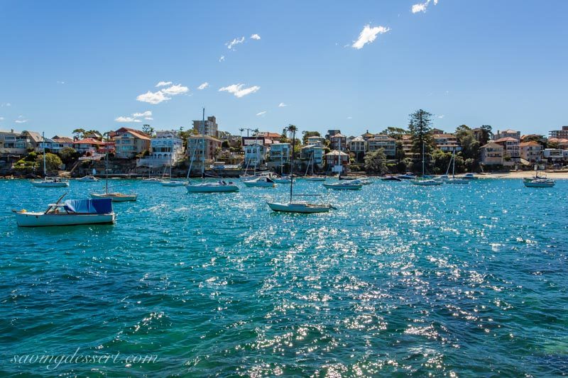 Boats anchored in Little Manly Cove with houses along the shore, Sydney Australia