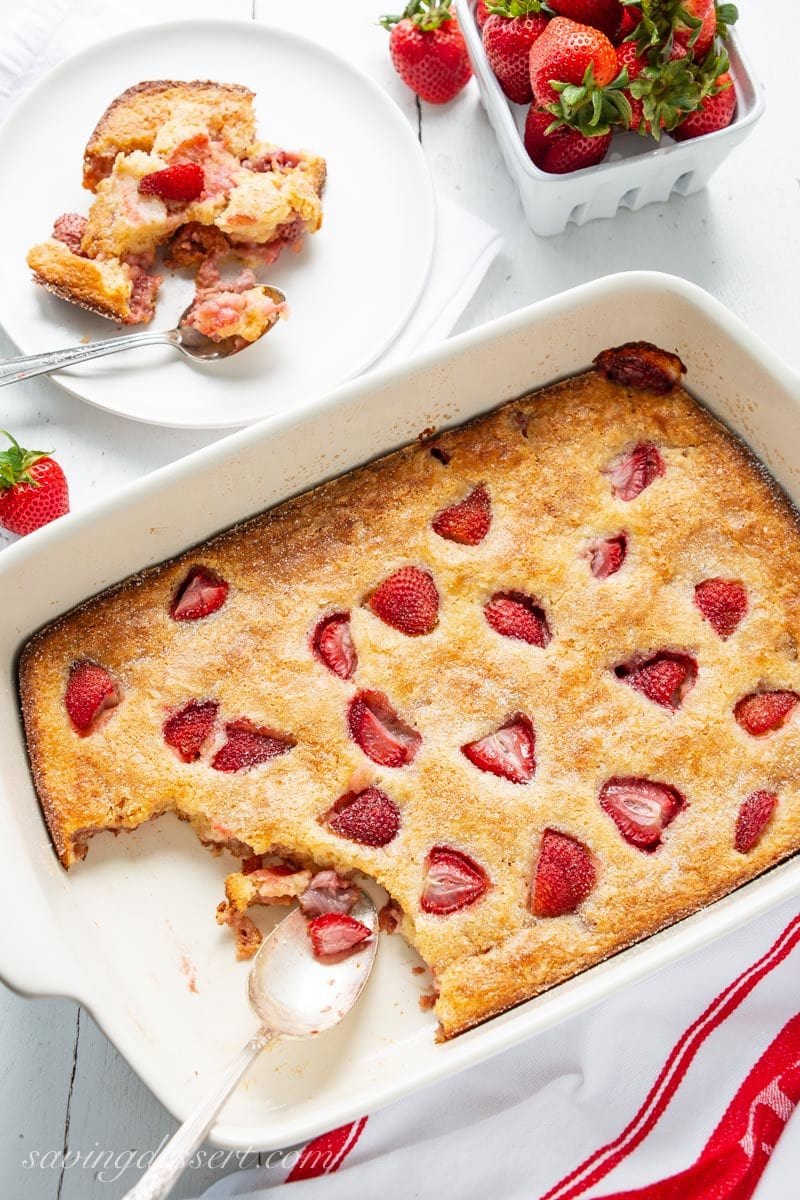 An overhead view of a strawberry buckle in a casserole pan