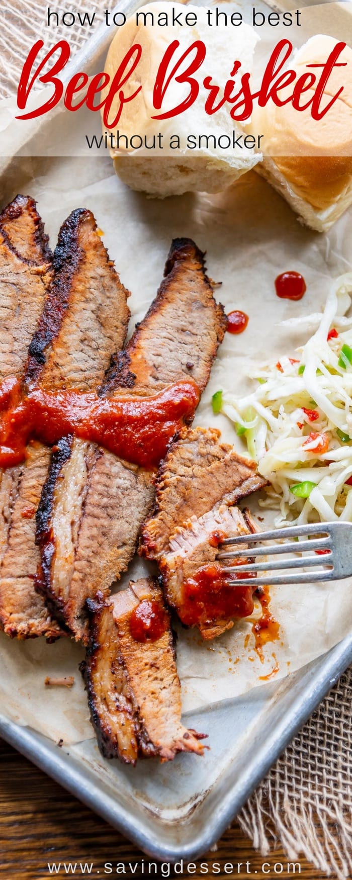 BBQ Brisket Recipe - making delicious, tender, flavorful and juicy BBQ Brisket is easier than you think! If you have a grill and an oven, you're all set. #savingroomfordessert #beef #brisket #brisketrecipes #brisketrecipeoven #beefbrisket #bbqbrisket #BBQ