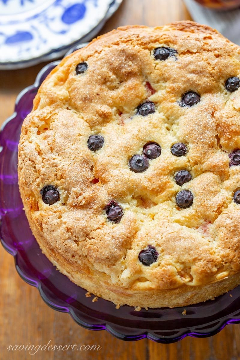 Fresh Peach Breakfast Cake with blueberries