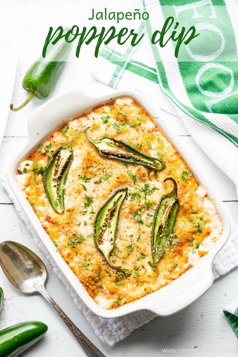 Jalapeño Popper Dip with a twist! Easy, cheesy and delicious, this spicy dip will be your new favorite go-to recipe just in time for garden fresh jalapeños! #savingroomfordessert #jalapeno #popperdip #jalapenopoppers #dip #cheesedip #jalapenodip
