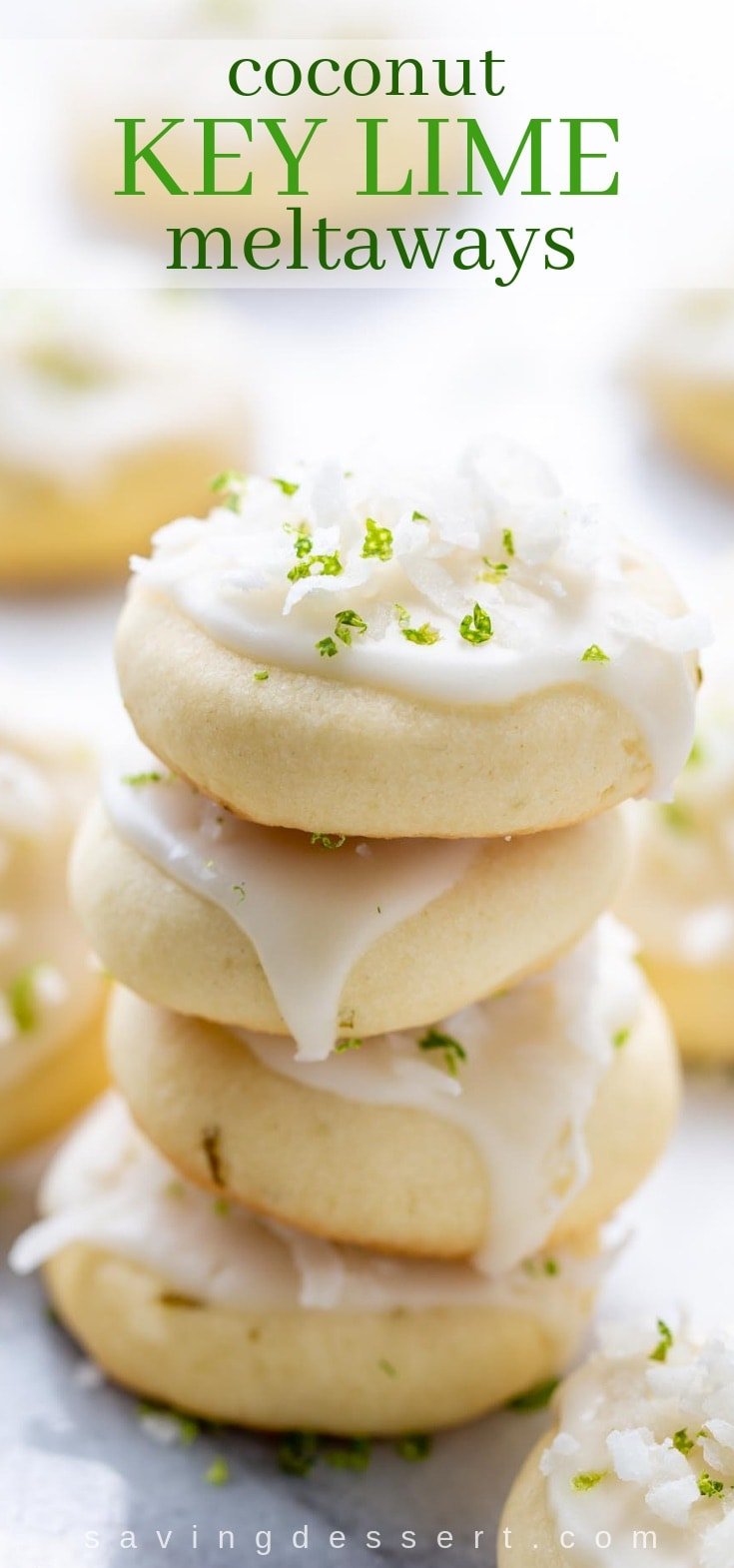 Coconut Key Lime Meltaways - a light and buttery bite-sized cookie with a big tropical flavor from the lime juice, zest, coconut extract and shredded coconut on top. #coconut #keylime #meltaways #cookies #baking #easycookie #coconutcookie