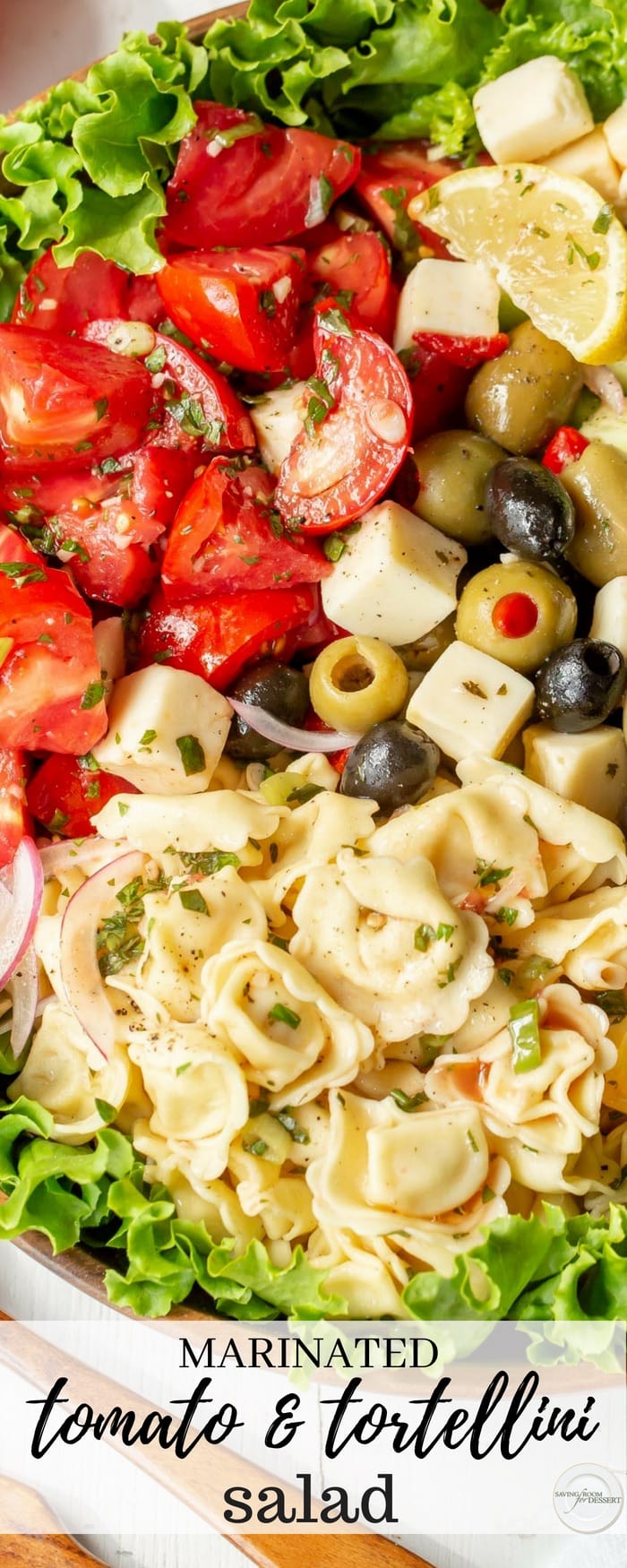 Marinated Tomato & Tortellini Salad with cucumbers, onion, olives, avocado, cheese and fresh garden herbs. Don't forget the crusty bread to soak up all the juices! #savingroomfordessert #salad #tortellini #tomatoes #heartysalad #tomatorecipes #tomatosalad