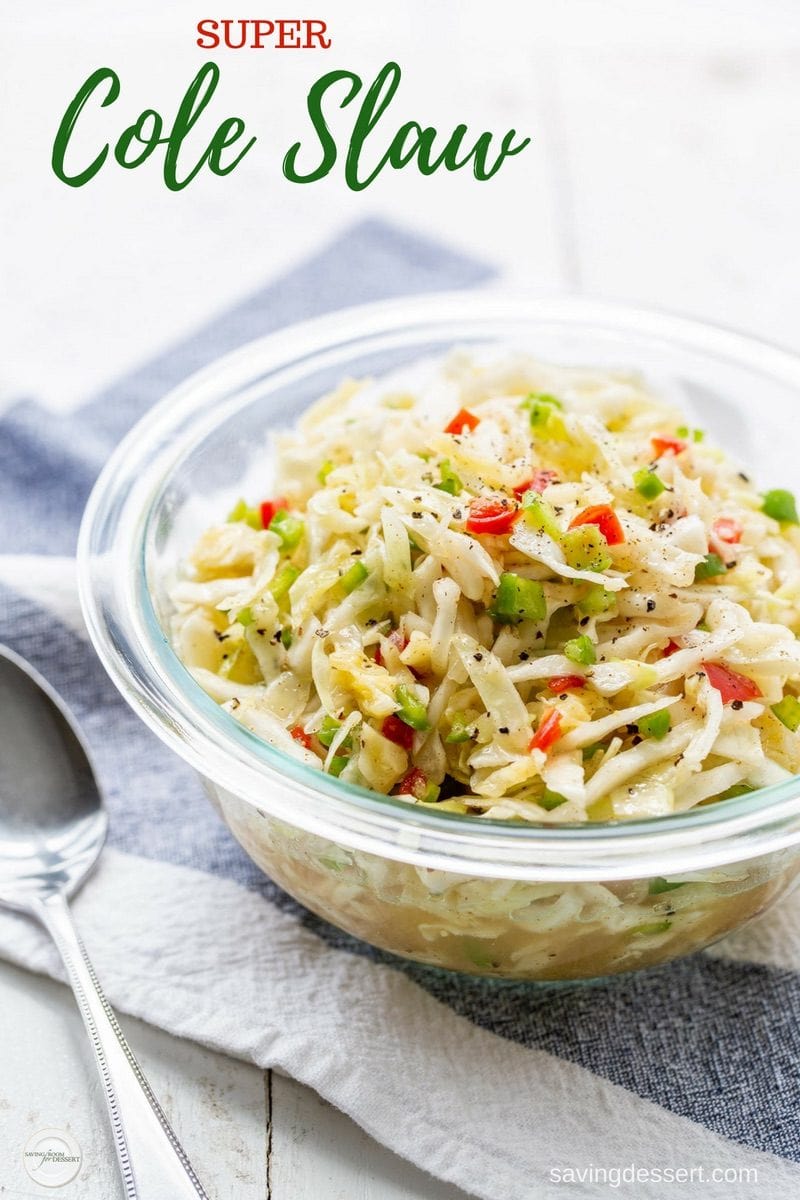 A bowl of super cole slaw with pimentos and peppers