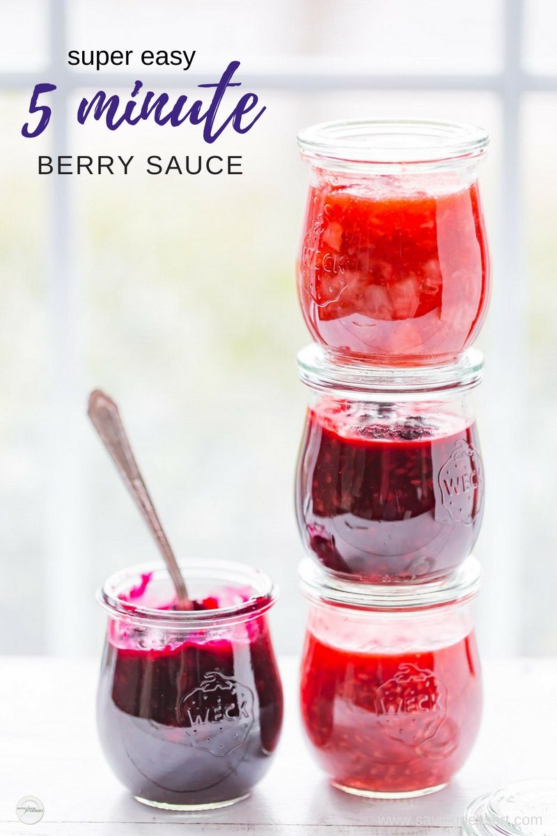 Enjoy our super easy 5 Minute Berry Sauce on a slice of your favorite pound cake, or dolloped on yogurt, waffles, pancakes, biscuits, scones, ice cream and more! #savingroomfordessert #berrysauce #blackberrysauce #blueberrysauce #raspberrysauce #strawberrysauce #dessertsauce #fruitsauce