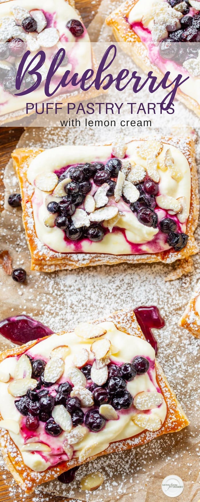 Blueberry Puff Pastry Tarts with Lemon Cream - a light and flavorful company worthy dessert that's easily made ahead and assembled just before serving. #savingroomfordessert #puffpastrytart #puffpastry #blueberrytart #lemoncurdtart #tart #pastrytart #lemonblueberrytart #easydessert