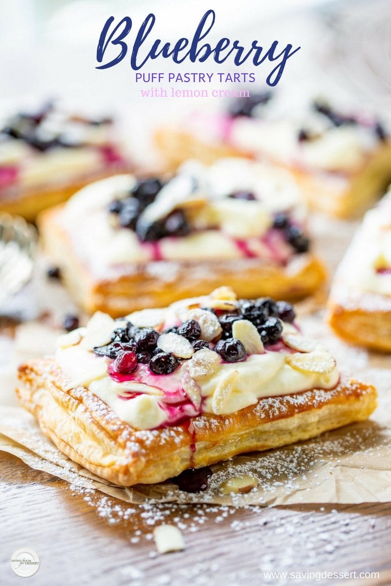 Blueberry Puff Pastry Tarts with Lemon Cream - a light and flavorful company worthy dessert that's easily made ahead and assembled just before serving. #savingroomfordessert #puffpastrytart #puffpastry #blueberrytart #lemoncurdtart #tart #pastrytart #lemonblueberrytart #easydessert