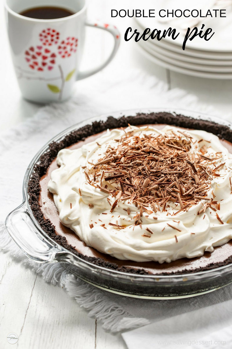 Double Chocolate Cream Pie - with a sweet, rich silky filling and an easy to make cookie crumb crust, this pie is completely moan-worthy! #savingroomfordessert #chocolatecreampie #creampie #chocolatepie #pie #doublechocolatepie