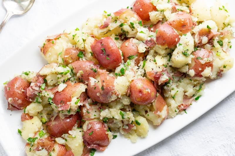 Garlic Herb Smashed Red Potatoes - Saving Room for Dessert