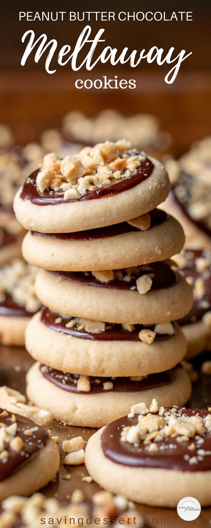 Peanut Butter Chocolate Meltaway Cookies for the chocolate and peanut butter lover in your life! These light little bite-sized cookies are not too sweet and have a nice salty bite from the crushed roasted peanuts. #savingroomfordessert #meltaways #meltawaycookies #chocolatepeanutbutter #peanutbuttercookies #chocolateglaze #peanutcookies #cookies