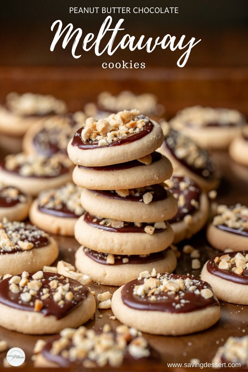 Peanut Butter Chocolate Meltaway Cookies for the chocolate and peanut butter lover in your life! These light little bite-sized cookies are not too sweet and have a nice salty bite from the crushed roasted peanuts. #savingroomfordessert #meltaways #meltawaycookies #chocolatepeanutbutter #peanutbuttercookies #chocolateglaze #peanutcookies #cookies