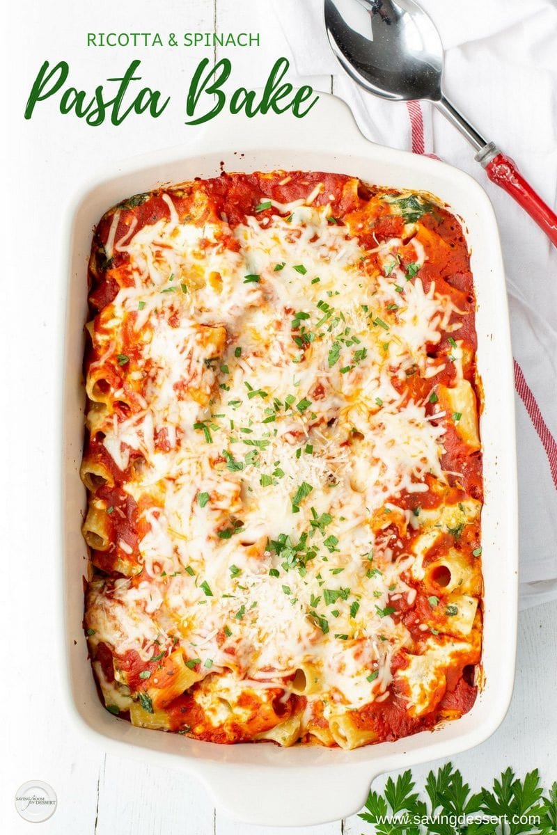 Ricotta & Spinach Pasta Bake - all the flavors we love in ricotta stuffed jumbo pasta shells, but so much easier in this deconstructed casserole! #pasta #easydinner #makeaheaddinner #pastabake #ricottabake #ricotta #spinach #savingroomfordessert