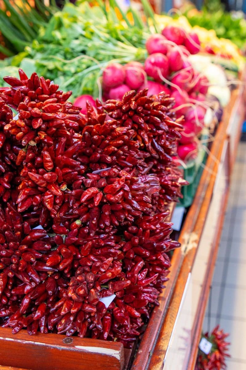 Red peppers and produce from the Great Market Hall in Budapest Hungary