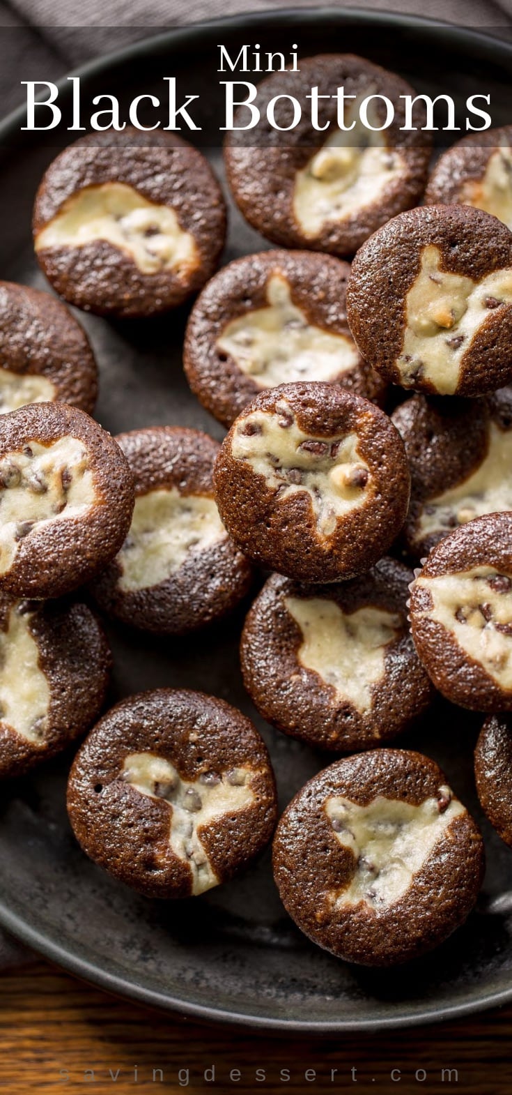 A plate of mini black bottoms cupcakes with cheesecake and chocolate chips in the center