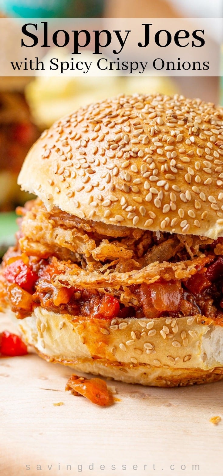 Homemade Sloppy Joes made alongside ruby-red peppers Sloppy Joes alongside Spicy Crispy Onions