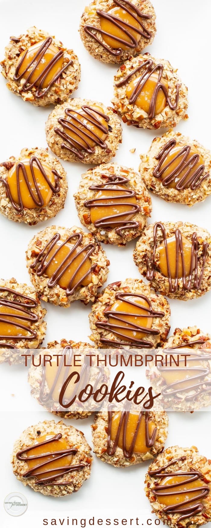 Turtle Thumbprint Cookies - deliciously nutty cookies with a smooth, creamy dollop of sweet caramel on top and a drizzle of yummy chocolate - cookie heaven! #savingroomfordessert #turtle #turtlecookies #thumbprints #thumbprintcookies #cookies #baking #turtlethumbprint