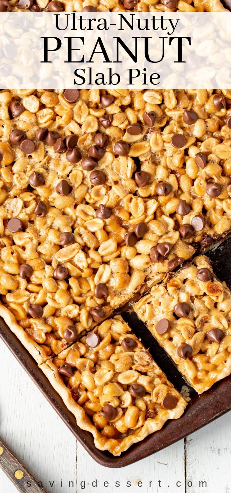 An ultra nutty peanut slab pie cut into squares topped with chocolate chips