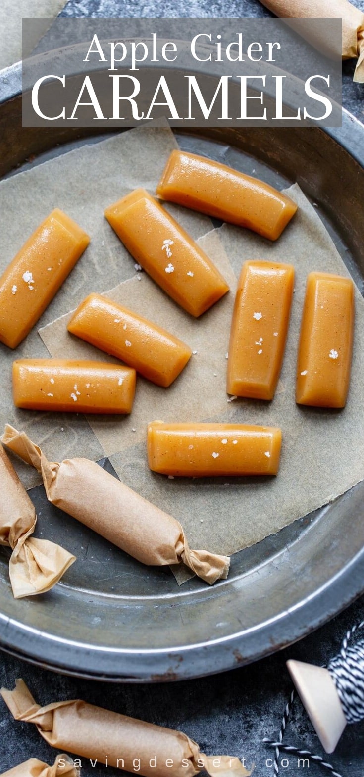 A pie plate with apple cider caramels sprinkled with sea salt