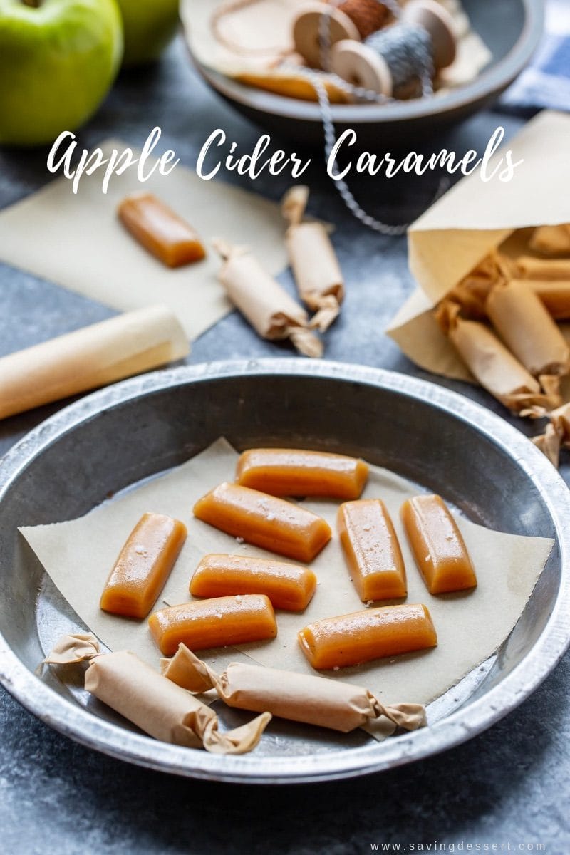A pie pan filled with homemade apple cider caramels