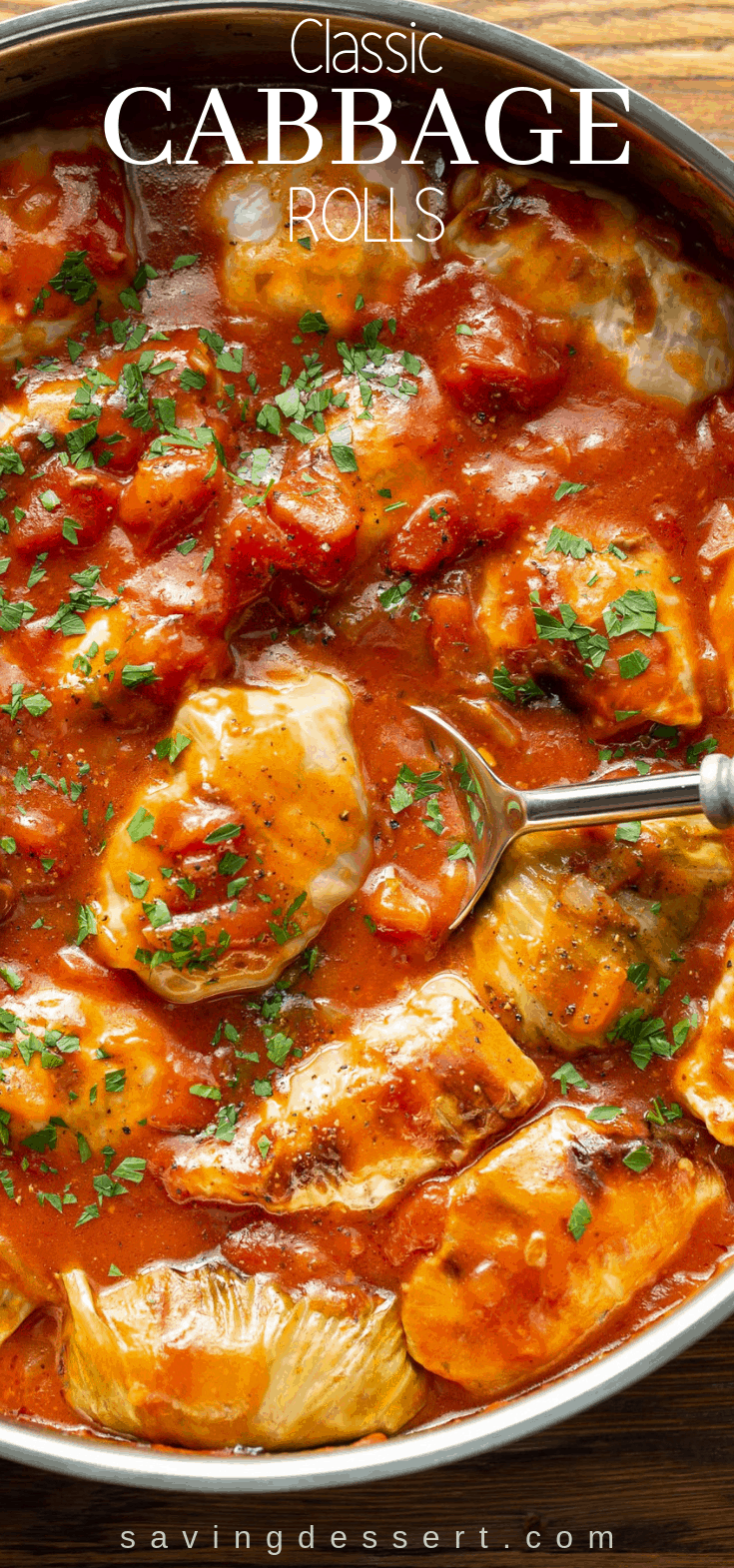 Classic Cabbage Rolls Recipe - with tender cabbage leaves stuffed with rice, seasoned ground beef and caramelized onions. #savingroomfordessert #cabbagerolls #classiccabbagerolls #cabbagerollsrecipe #groundbeef #cabbage #tomatosauce #dinner #comfortfood