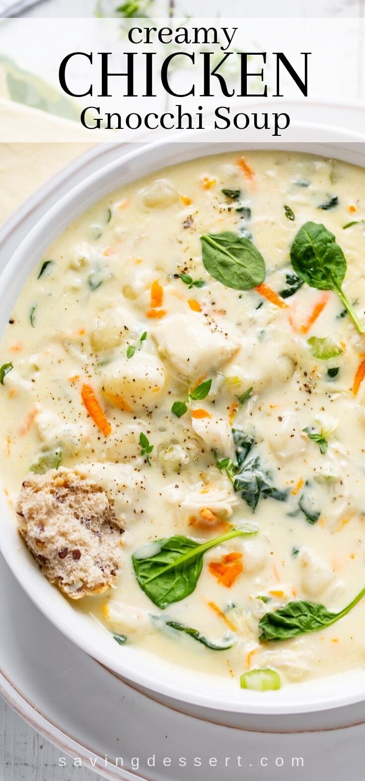 A bowl of creamy chicken gnocchi soup with spinach leaves