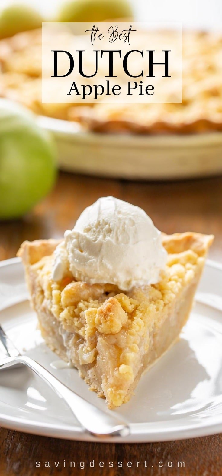 A slice of apple pie with a crumble top on a plate topped with vanilla ice cream