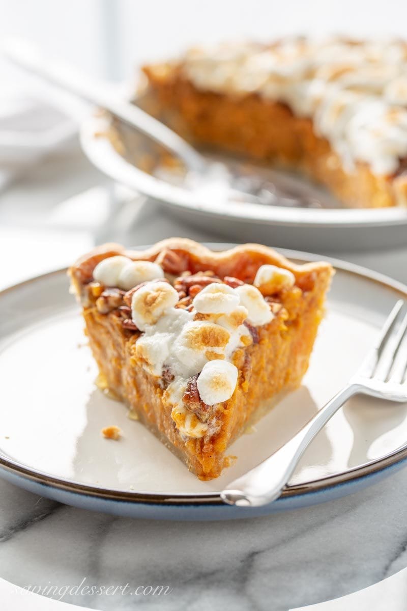 Sweet potato pie with a praline pecan topping and toasted marshmallows