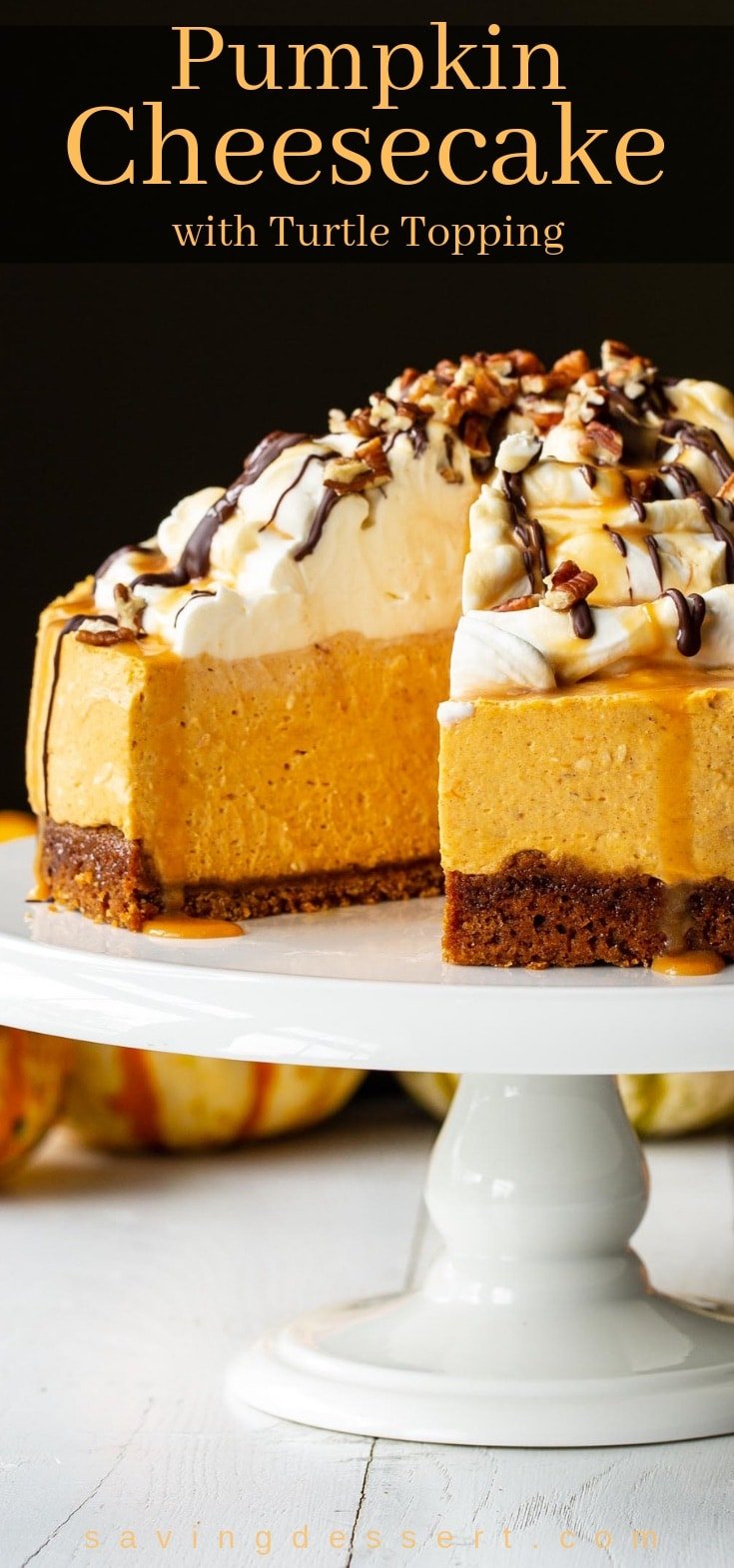 A sliced pumpkin cheesecake with whipped cream and a turtle candied topping