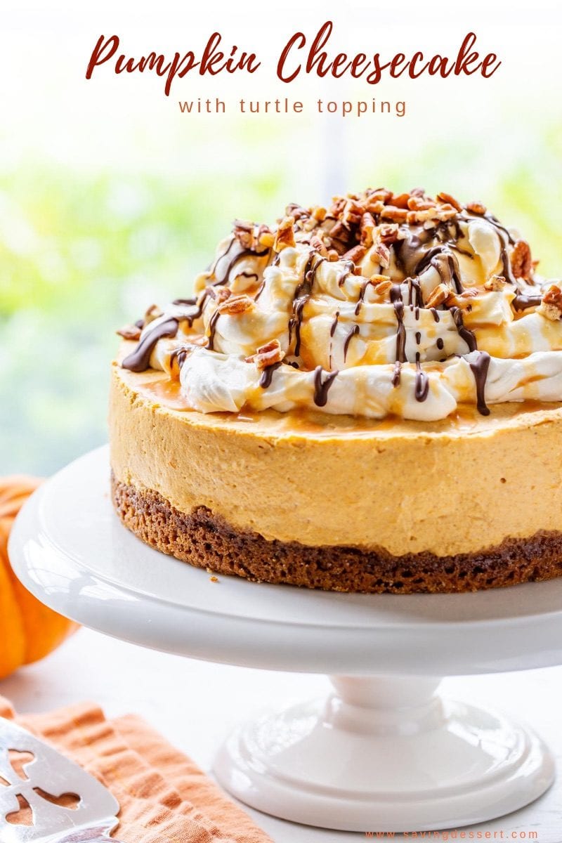 Change it up this year and thrill your holiday guests with this light and creamy Pumpkin Cheesecake with a no bake filling, a ginger snap crust and a decadent Turtle Topping. #savingroomfordessert #pumpkincheesecake #cheesecake #pumpkin #turtlecheesecake #nobakecheesecake #holidaydessert
