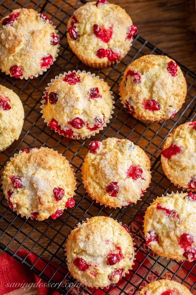 Fresh from the oven Cranberry Orange Muffins on a cooling rack