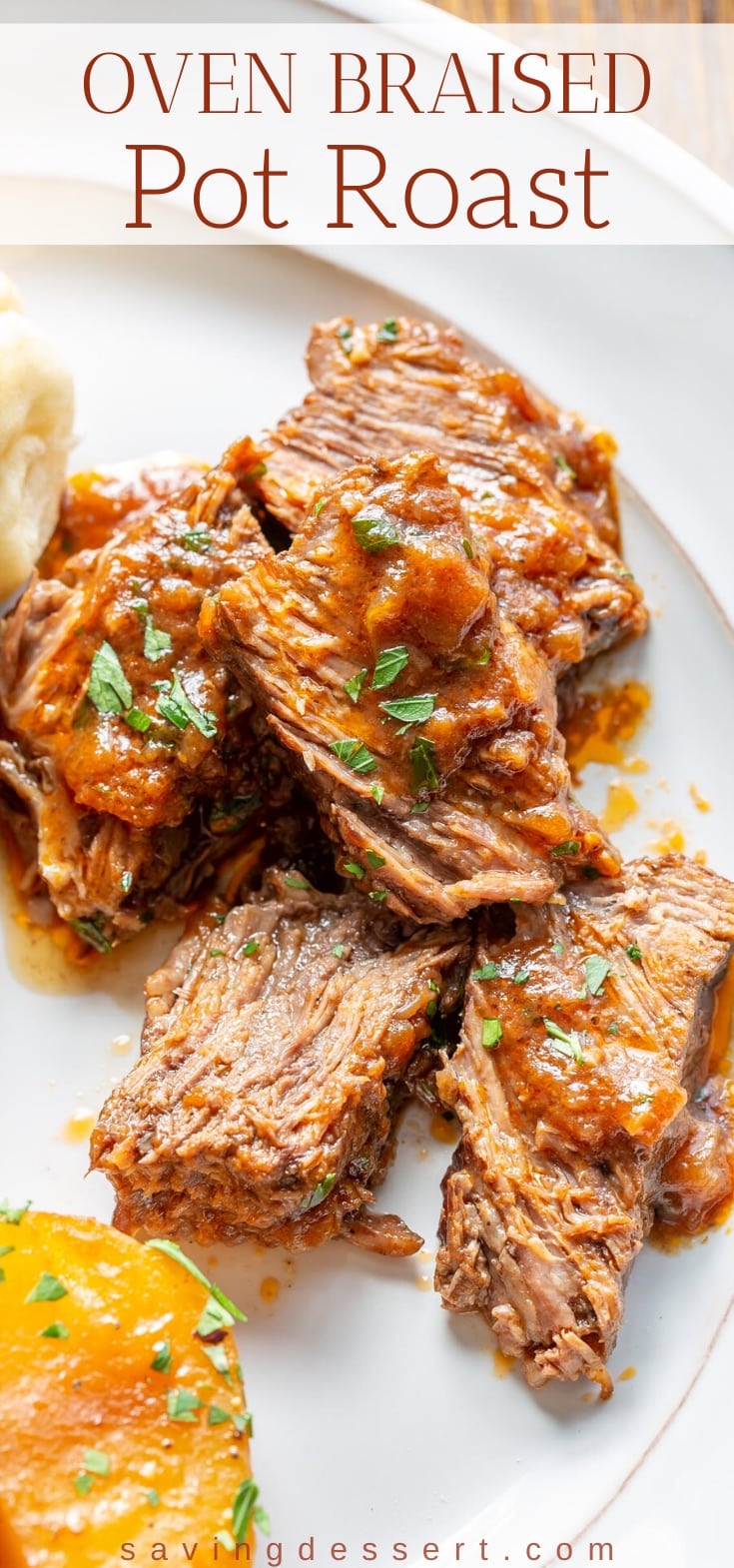 A plate with sliced oven braised roast beef