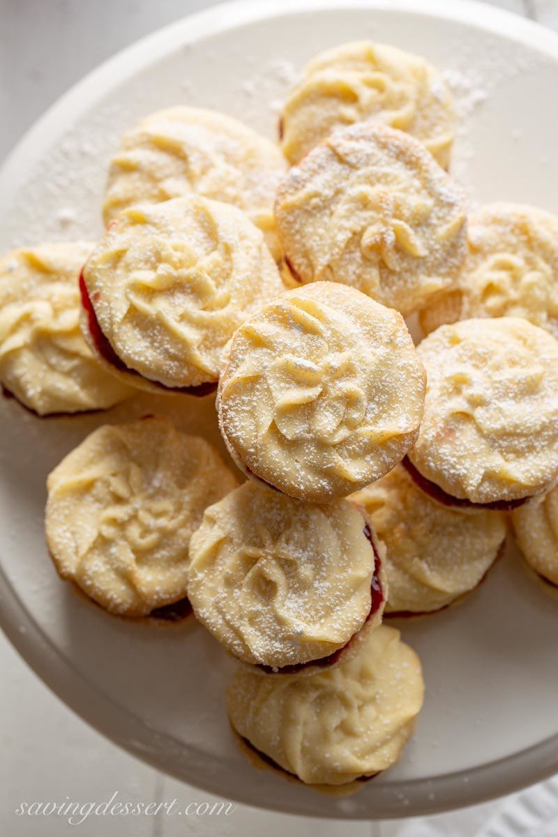 Overhead view of Viennese Whirls dusted with powdered sugar