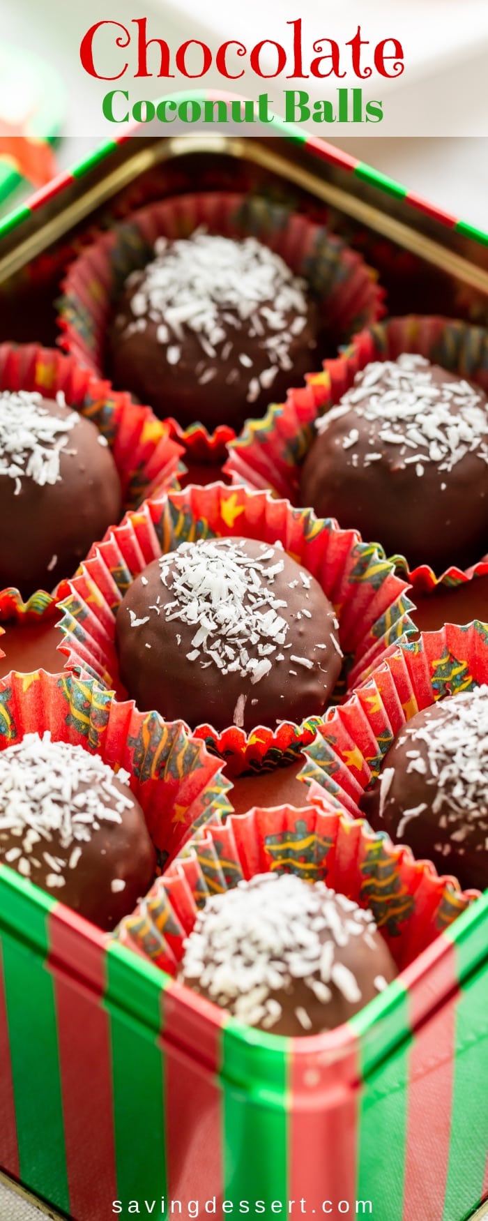 Chocolate Coconut Balls are a decadent blast from the past! Whether you call them bonbons, truffles, coconut candy balls or chocolate coconut balls, these decadent treats are perfect for the coconut lover in your life. #savingroomfordessert #chocolate #coconut #bonbon #truffles #coconutballs #chocolatecoconutballs #Christmastreats #candy