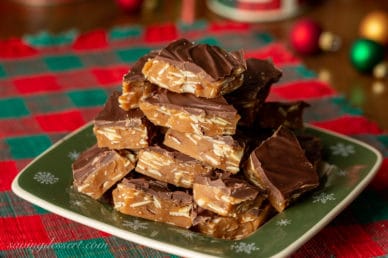 A holiday plate topped with chocolate almond toffee candy