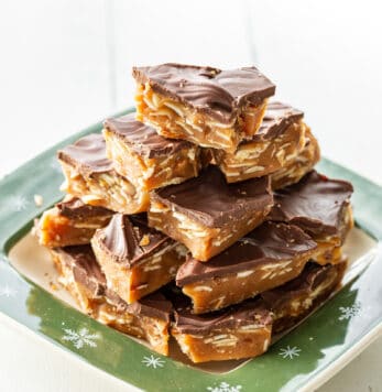 A holiday plate loaded with homemade almond roca candy