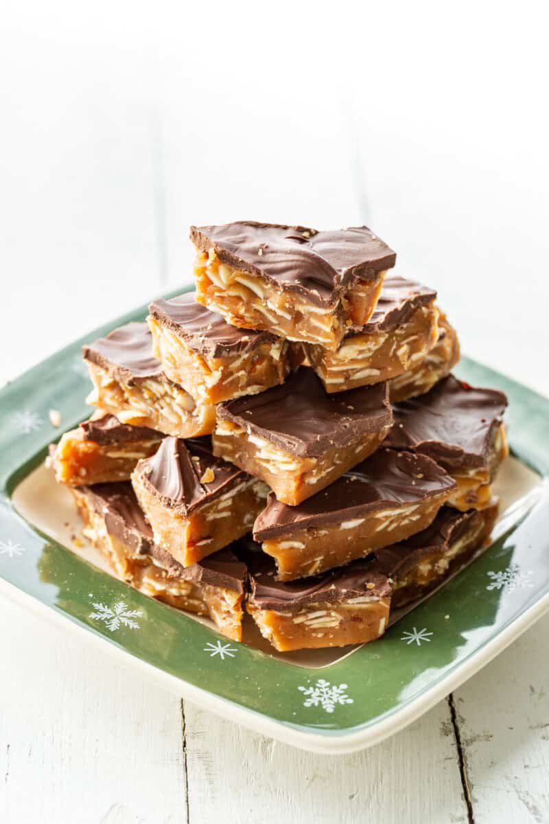 A holiday plate loaded with homemade almond roca candy