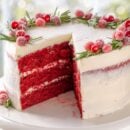 A sliced Red Velvet Cake on a cake stand