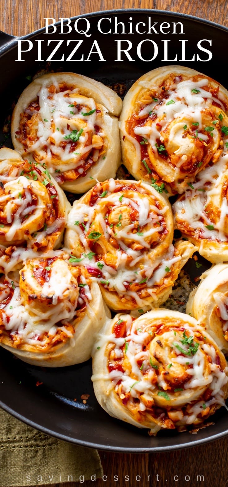 A skillet filled with Pizza Rolls