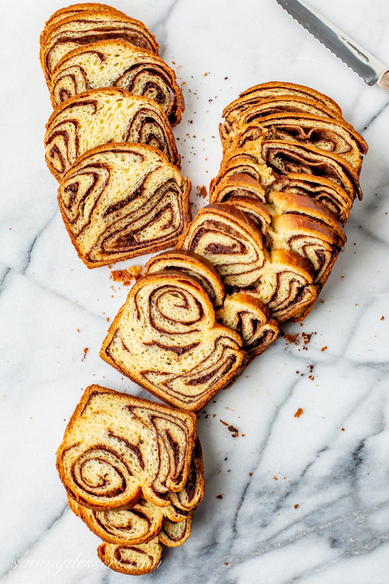 A loaf of sliced Chocolate Babka