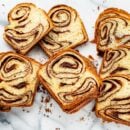 Sliced chocolate Babka on a marble cutting board