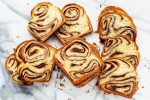 Sliced chocolate Babka on a marble cutting board