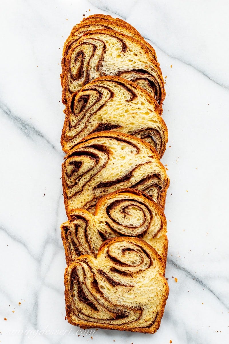 Slices of Chocolate Babka bread with swirls