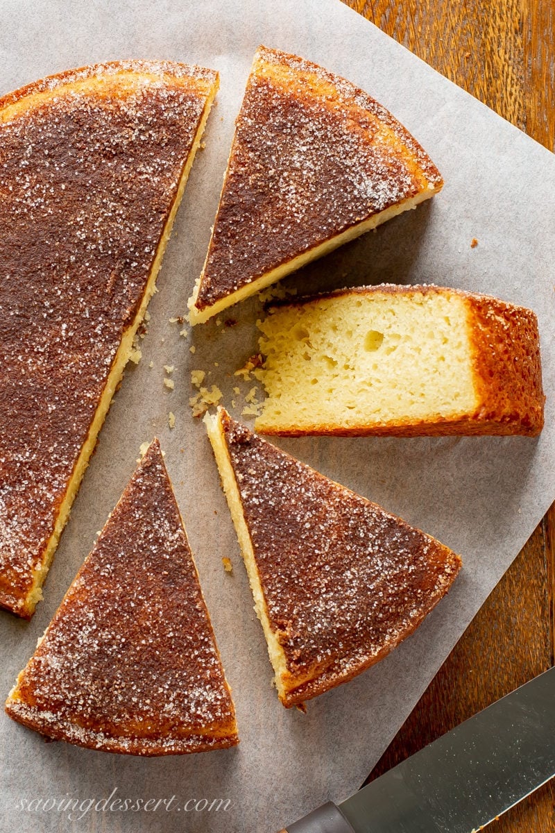 An overhead shot of a Cinnamon Breakfast Cake sliced