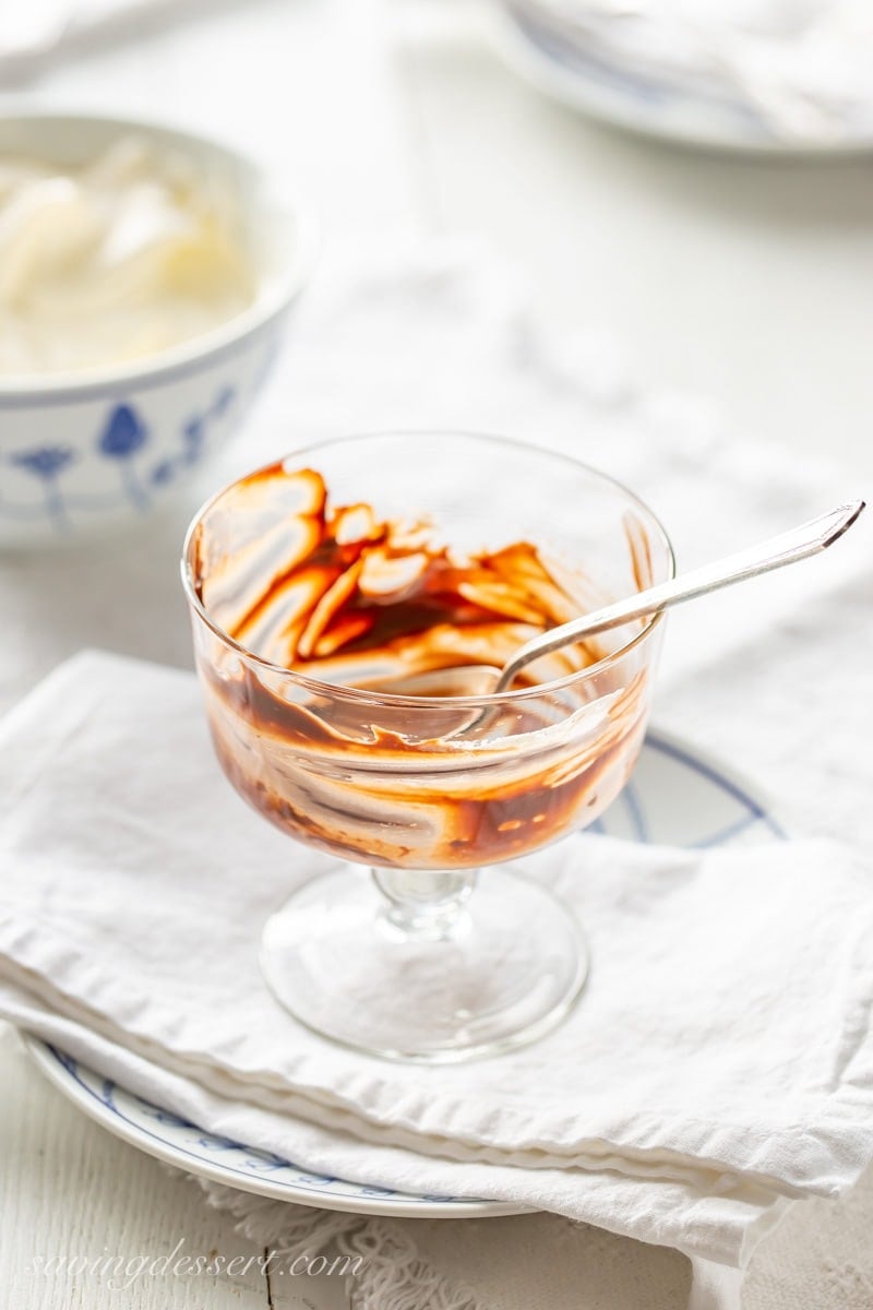 An empty bowl of chocolate pudding with a spoon