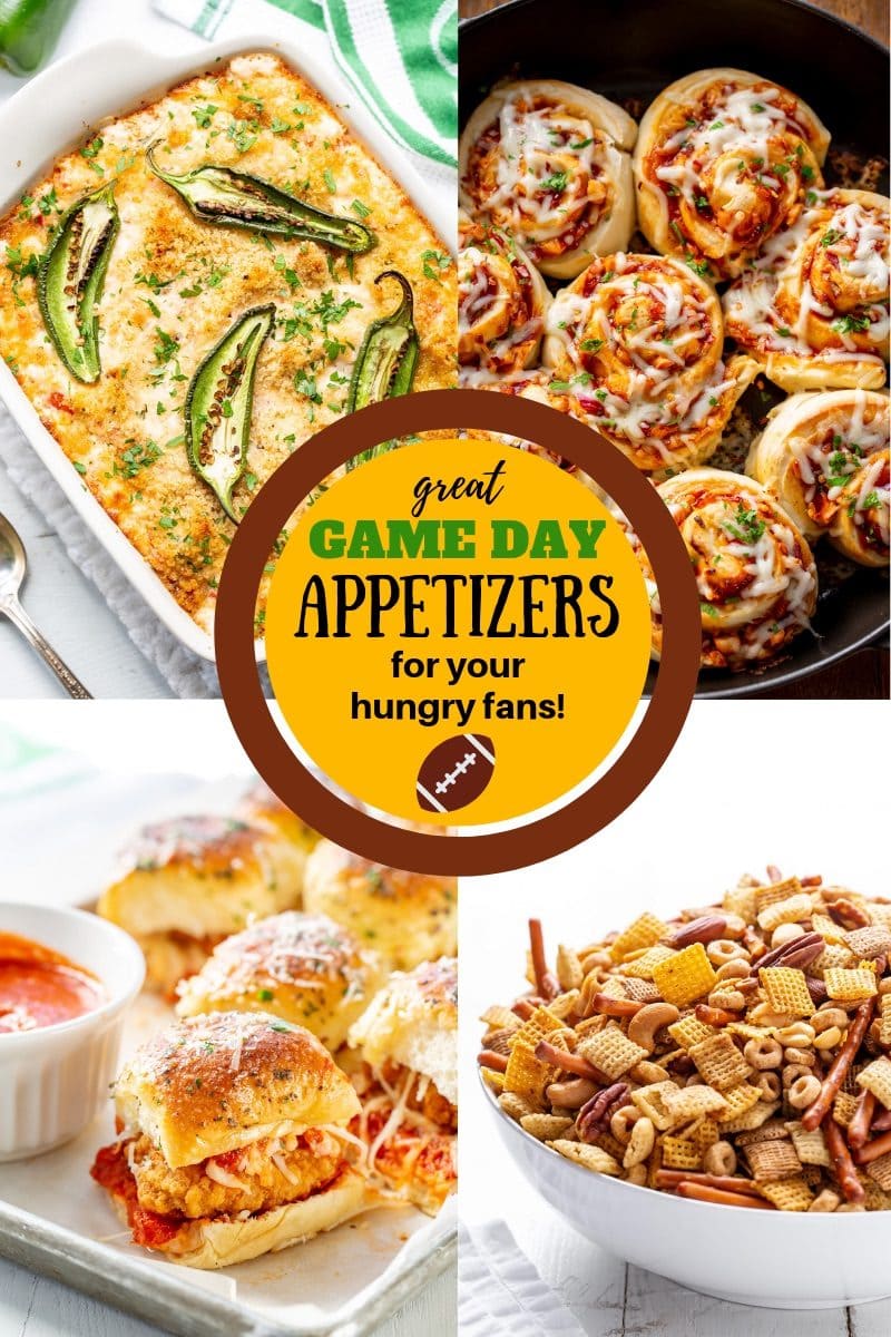 A collage of Game Day Appetizers including sliders, cheese dip, pizza rolls and Chex Mix